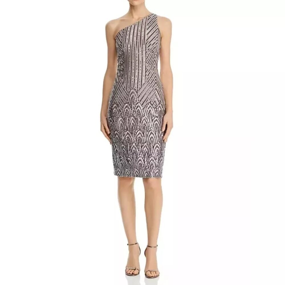 Aqua Womens 4 Taupe Silver Sequin One Shoulder Knee Length Dress NWT CX33